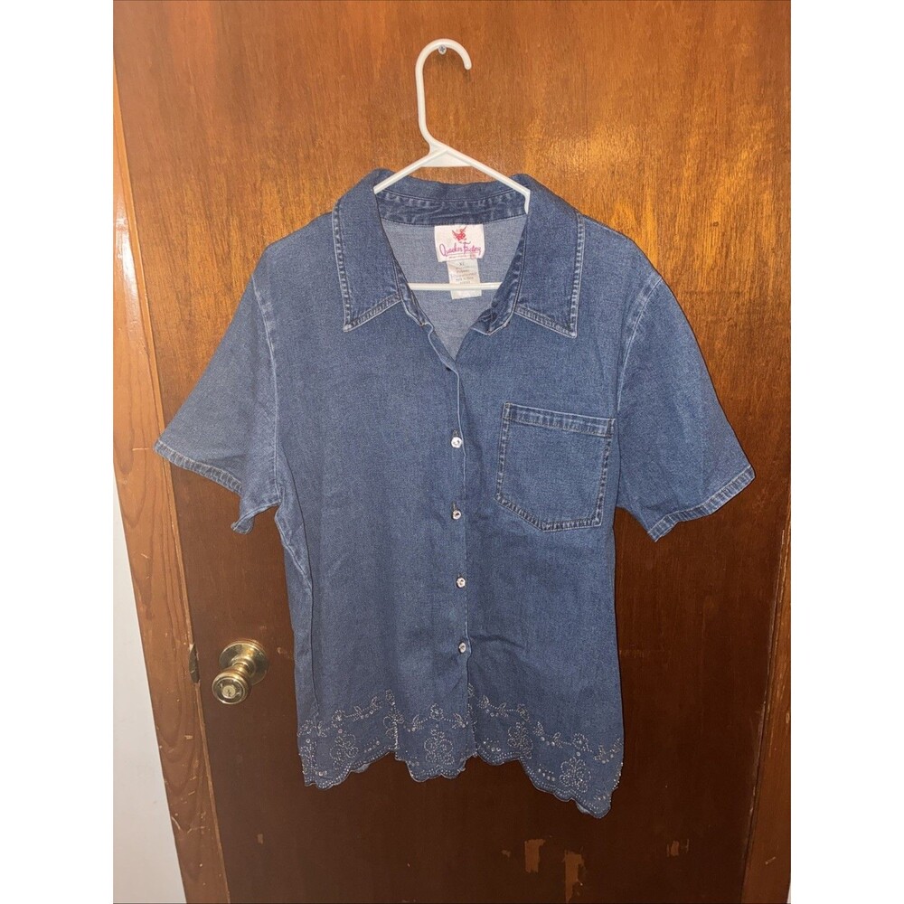 VTG Quacker Factory Women’s Denim Button Up Shirt Size XL Cotton Blend Sequin